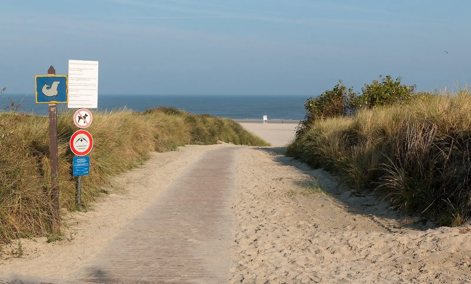 Strandzugang zwischen den Dünen auf Juist mit Schildern, u. a. Hundeverbot für den Badestrand